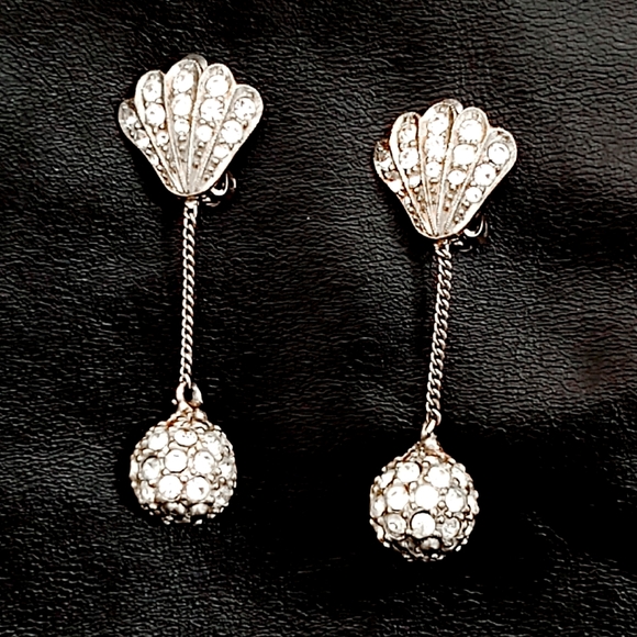Vintage Silver & Rhinestone Ball Drop Art Deco Earrings - Picture 1 of 8